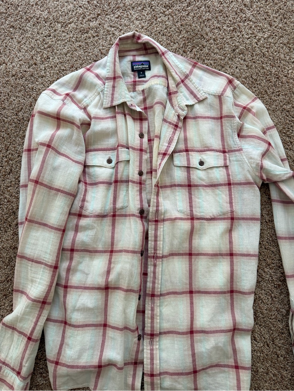 Patagonia Cream Plaid Button-Up Shirt with Maroon Stripes